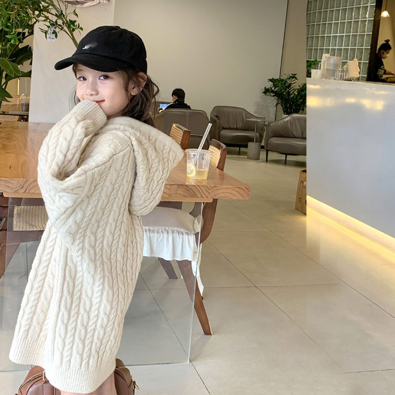 新品巴拉巴拉女童针织裙秋冬季长款毛衣裙儿童洋气连帽休闲针织衫