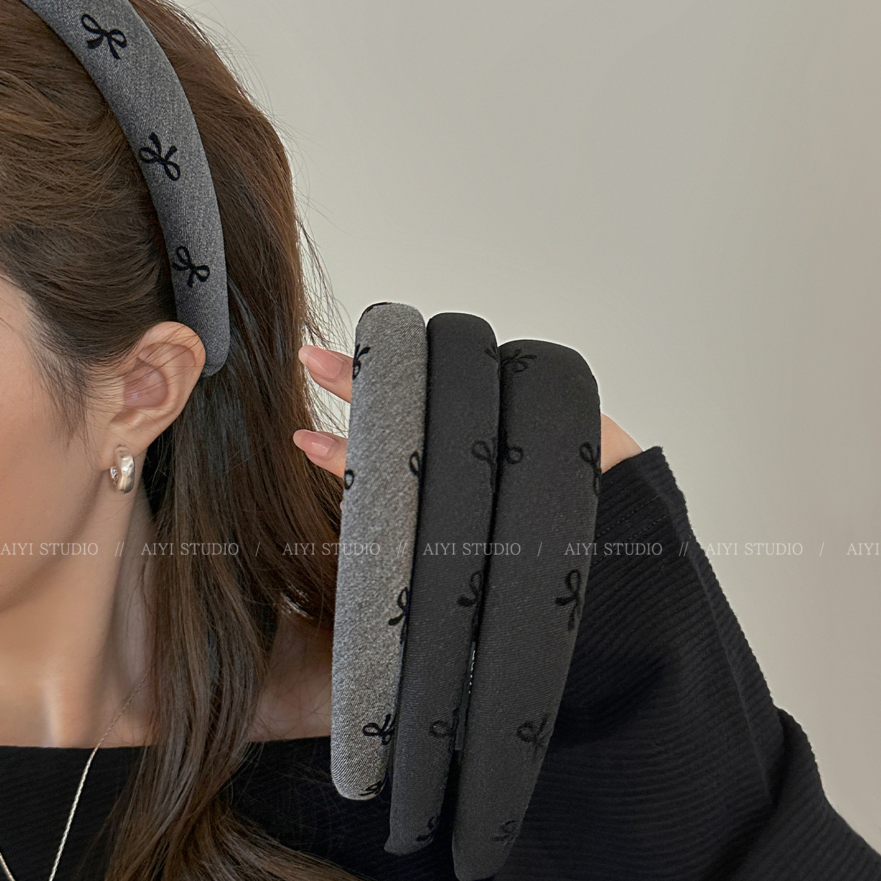 韩系简约灰色蝴蝶结发箍女款洋气时尚头箍洗脸发卡发捆头饰气质