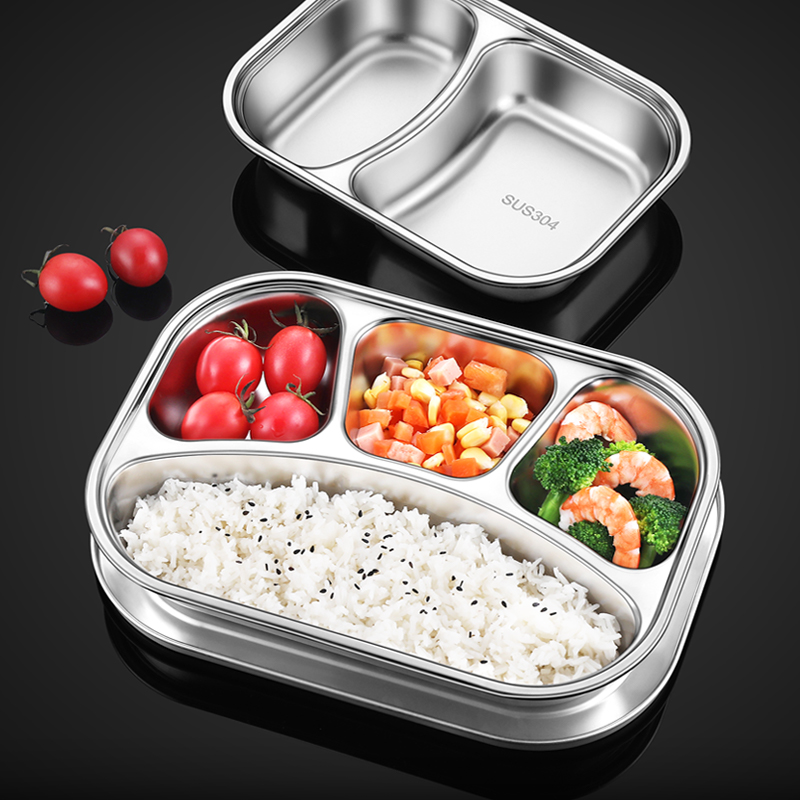 食品级304不锈钢饭盒带盖餐盘上班族学生食堂打饭分格儿童餐盒