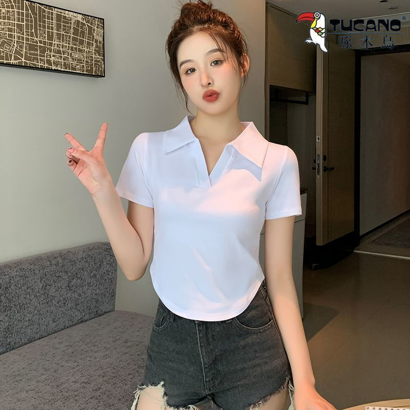 啄木鸟Polo领短袖女T恤夏季不规则下摆半袖修身白色辣妹短款上衣
