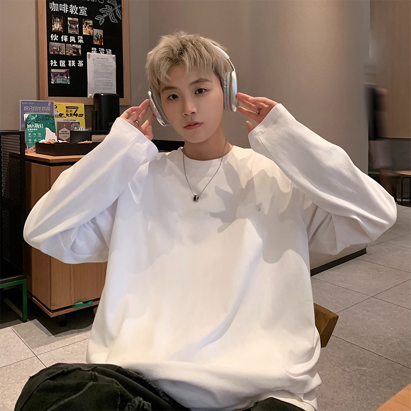 长袖T恤男秋季纯棉衣服内搭打底衫宽松潮牌美式复古圆领纯色上衣