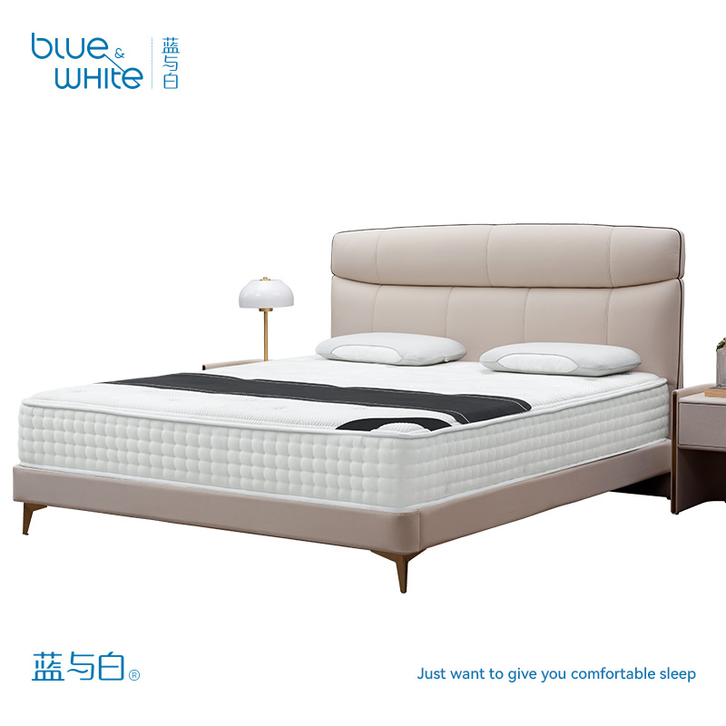 蓝与白 现代简约高端真皮实木大床架落地床 更多款式咨询主播