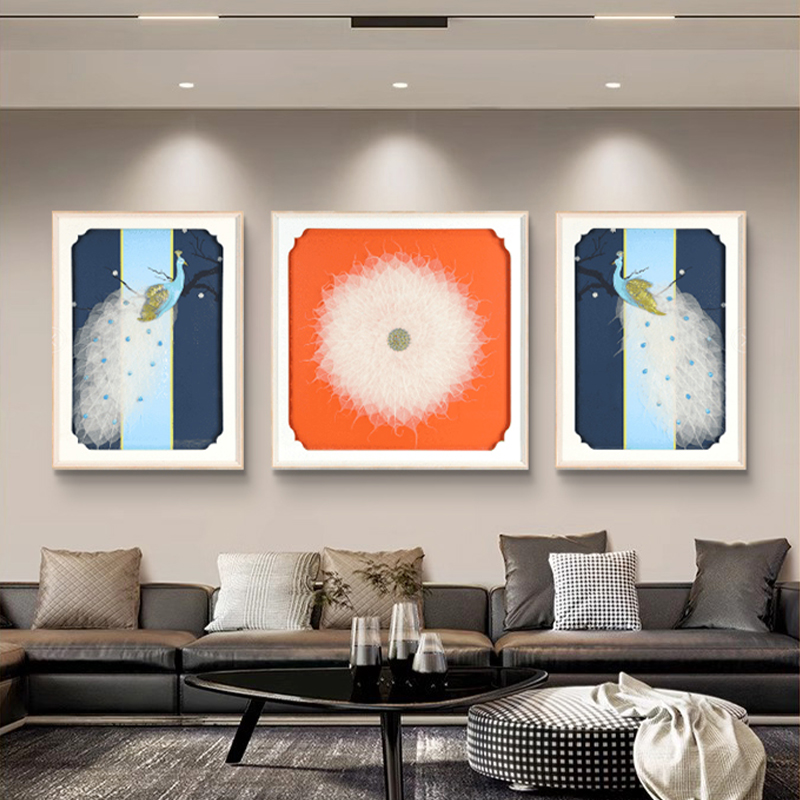 现代装饰画高端实物菩提叶挂画孔雀呈祥客厅沙发背景墙画奢华壁画