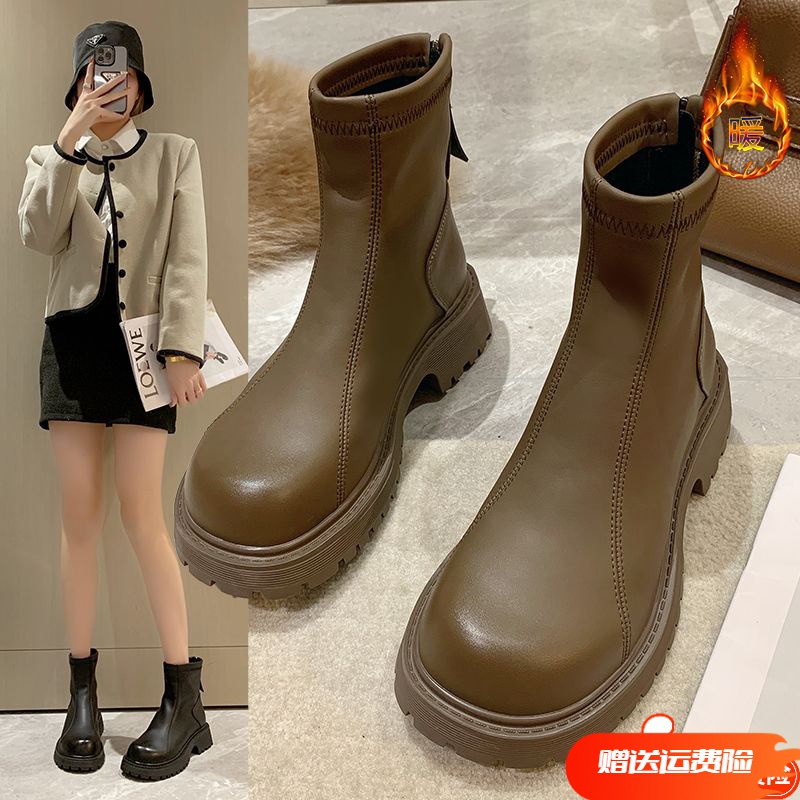 红蜻蜓牌马丁靴平底加绒弹力瘦瘦靴女2023冬季新款显瘦保切尔西靴