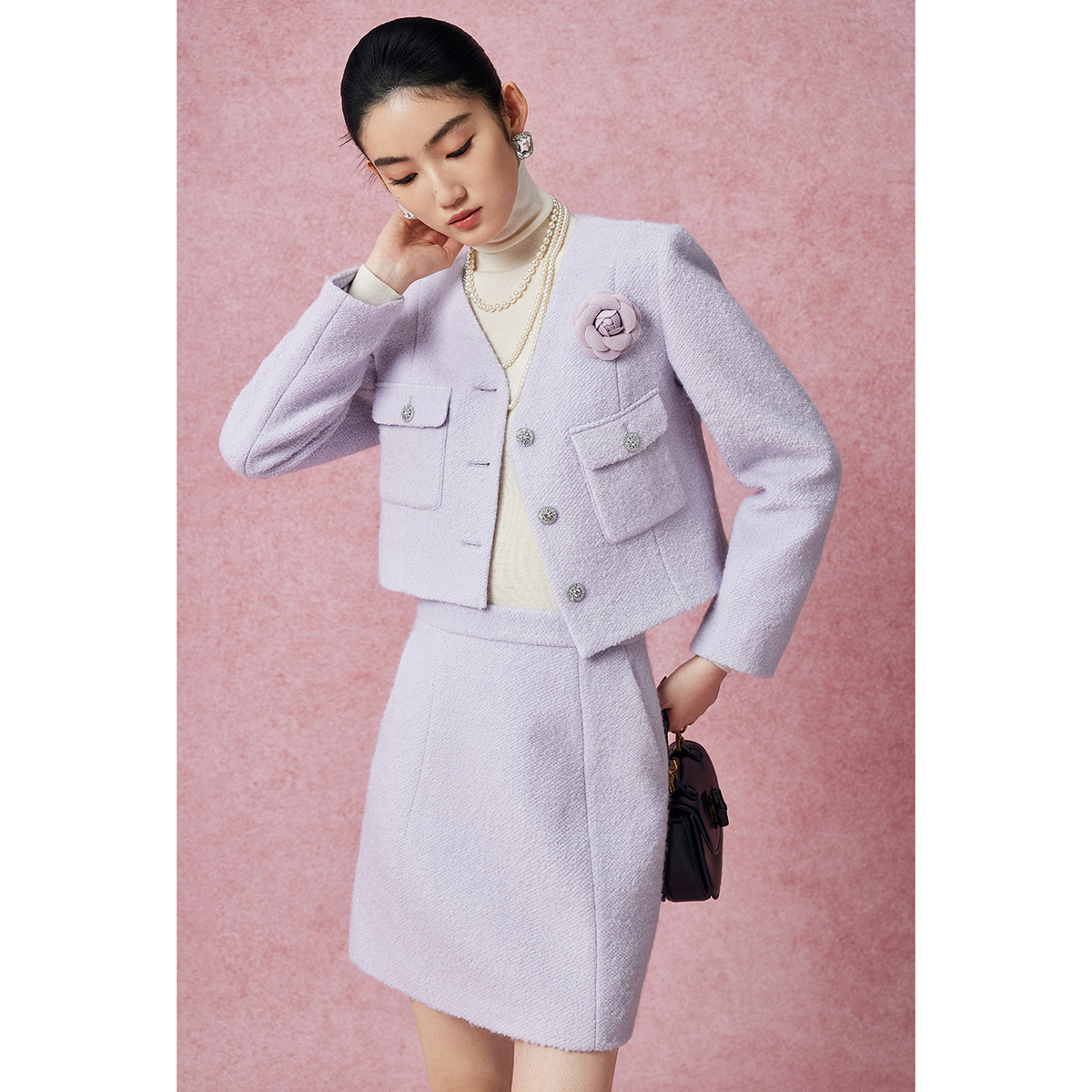 Mandy Zhang法式设计感羊毛小香风外套女冬季气质紫色短款上衣