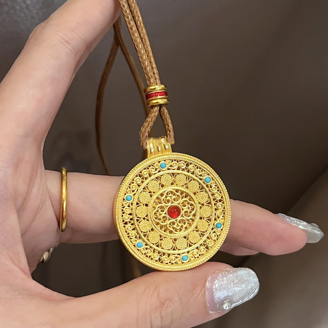 铜合金布艺项链 新中式五福如意八宝罗盘吊坠项链复古国潮饰品