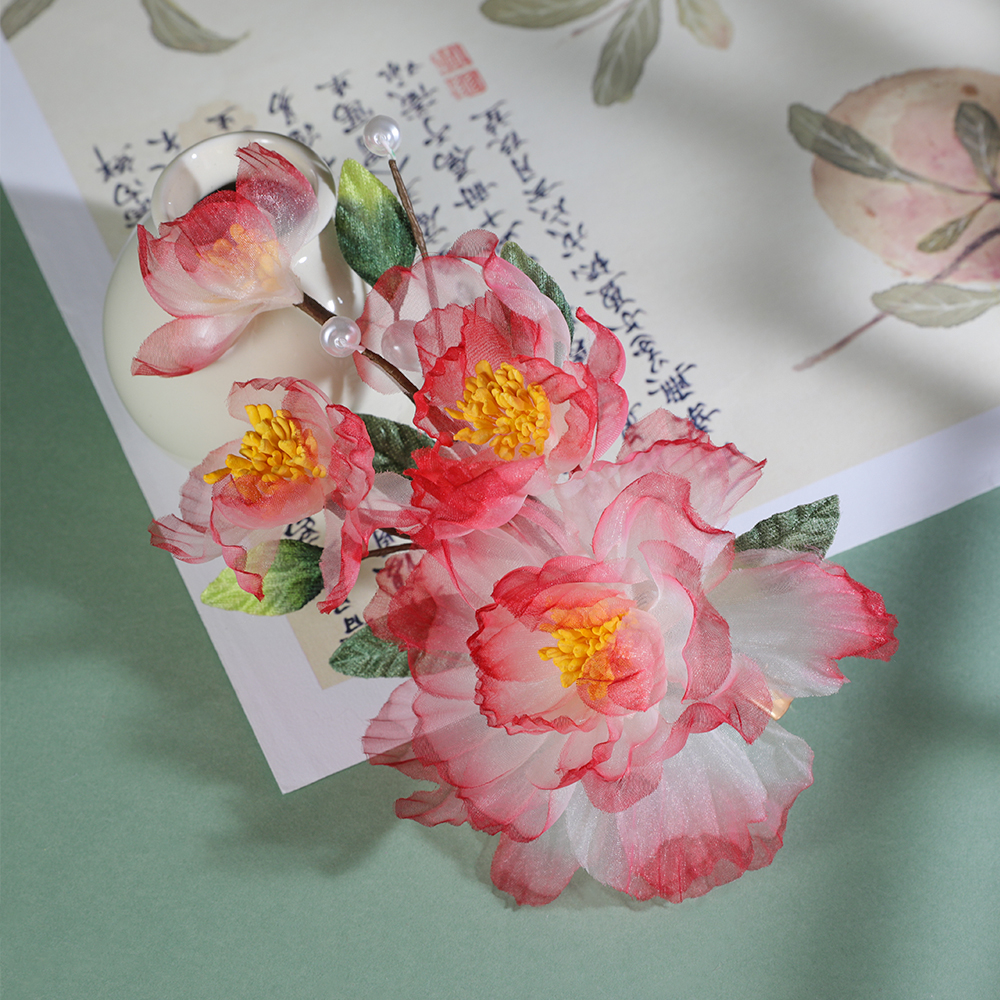 HF1343原创古风发饰渐变红色牡丹绢纱烫花发夹手工软杆汉服头饰
