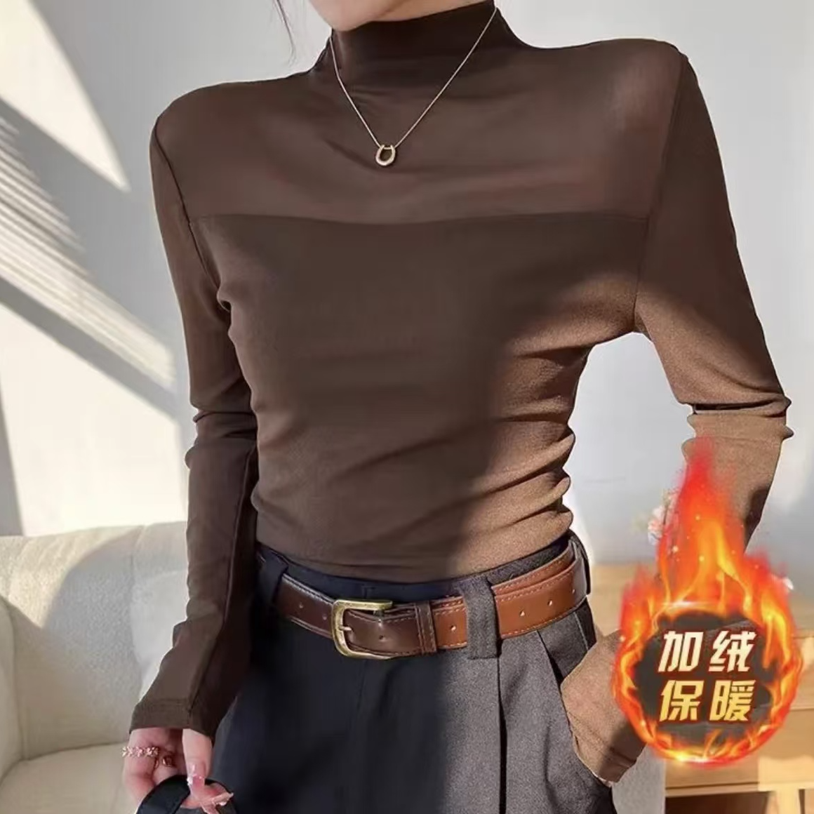 百搭半高领网纱打底衫加绒女长袖气质修身显瘦内搭上衣加厚洋气