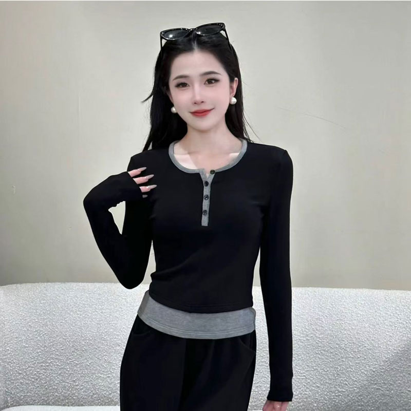 JUDING/聚町【暗藏心机】2024新款拼色长袖T恤女设计感百搭上衣9694