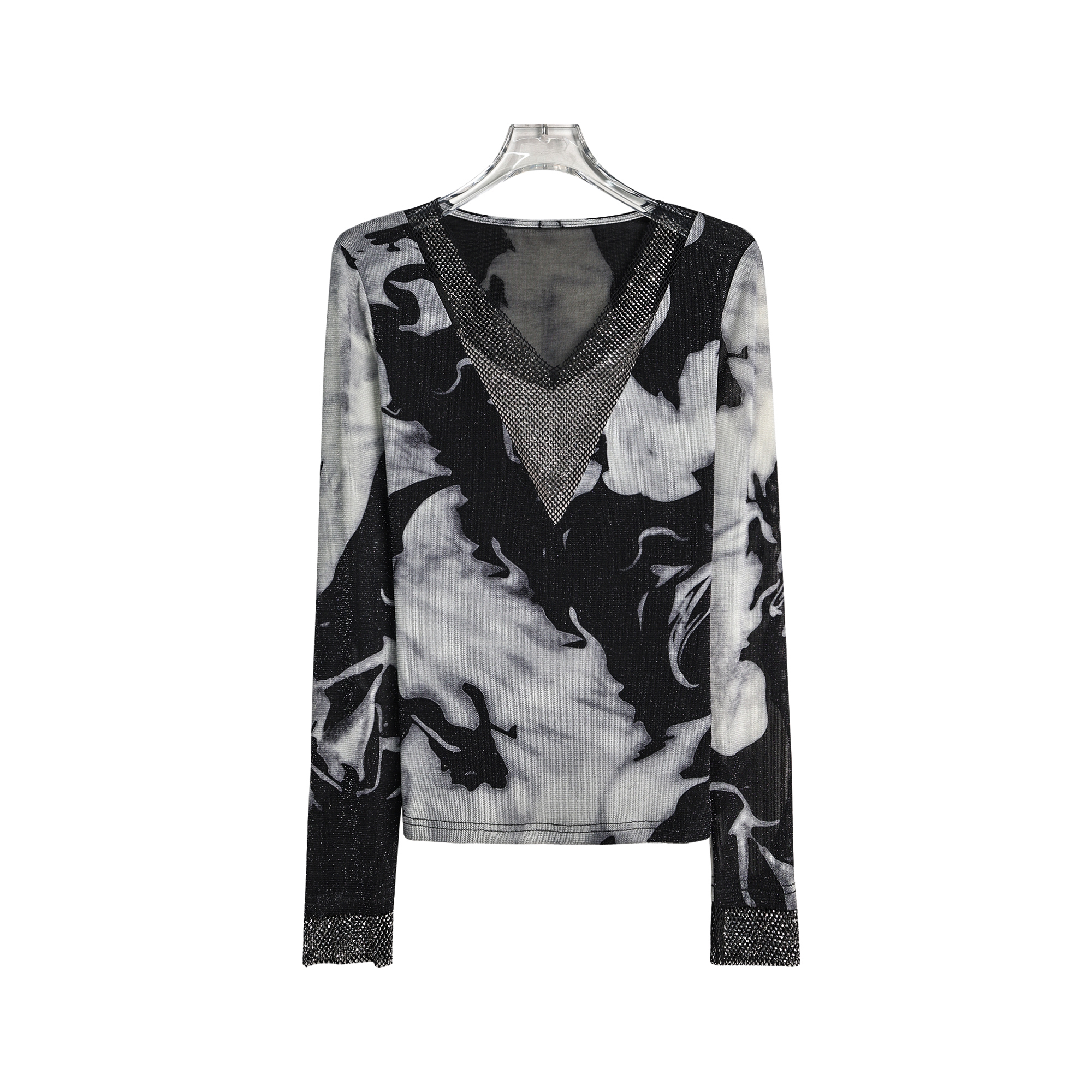 X26161 时尚V领重工镶钻水墨画简约百搭T恤