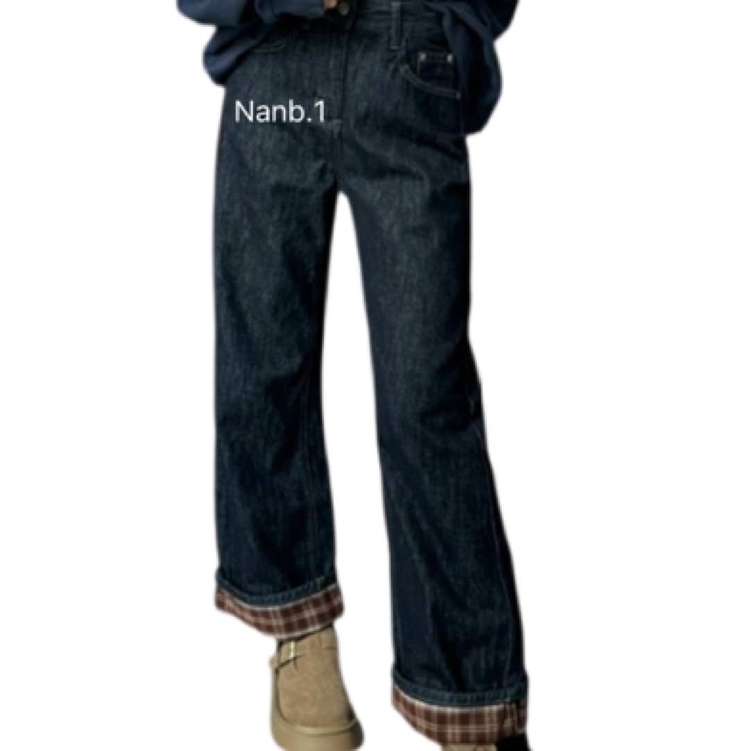 薄绒格子翻边九分大筒裤韩系百搭气质牛仔裤  