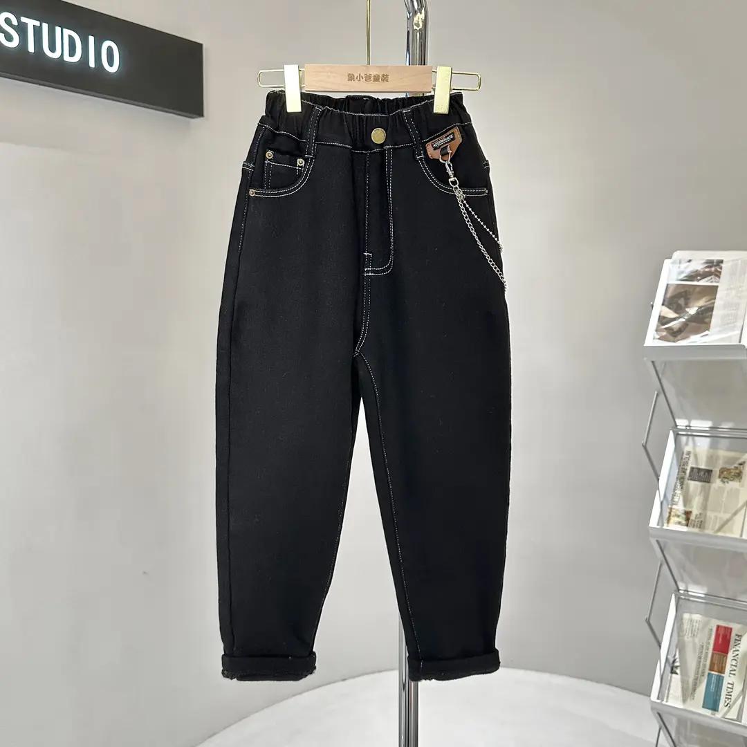 男童加绒牛仔裤新款2023韩版潮时尚休闲中大童百搭牛仔黑色长裤