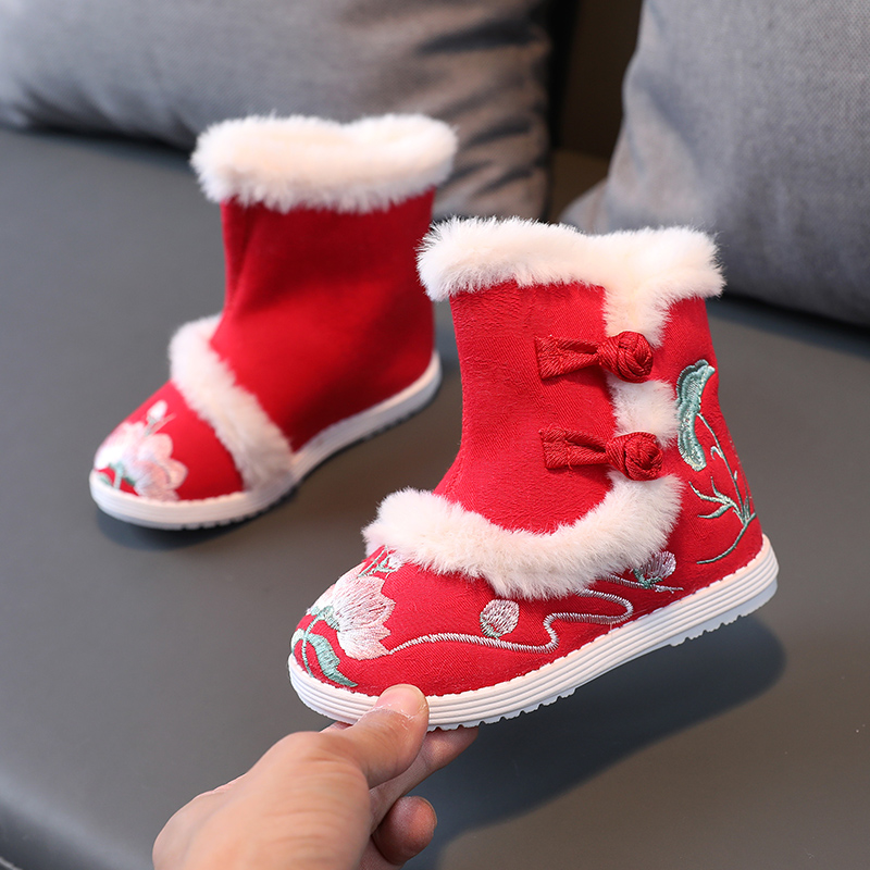 女童汉服鞋秋冬季拜年鞋中国风加绒儿童绣花鞋宝宝古风配马面裙鞋