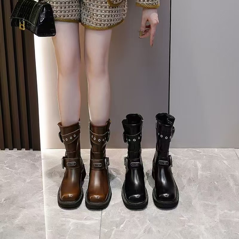 2024春季新款方头中筒靴美拉德机车靴中跟西部短靴秋冬厚底靴子