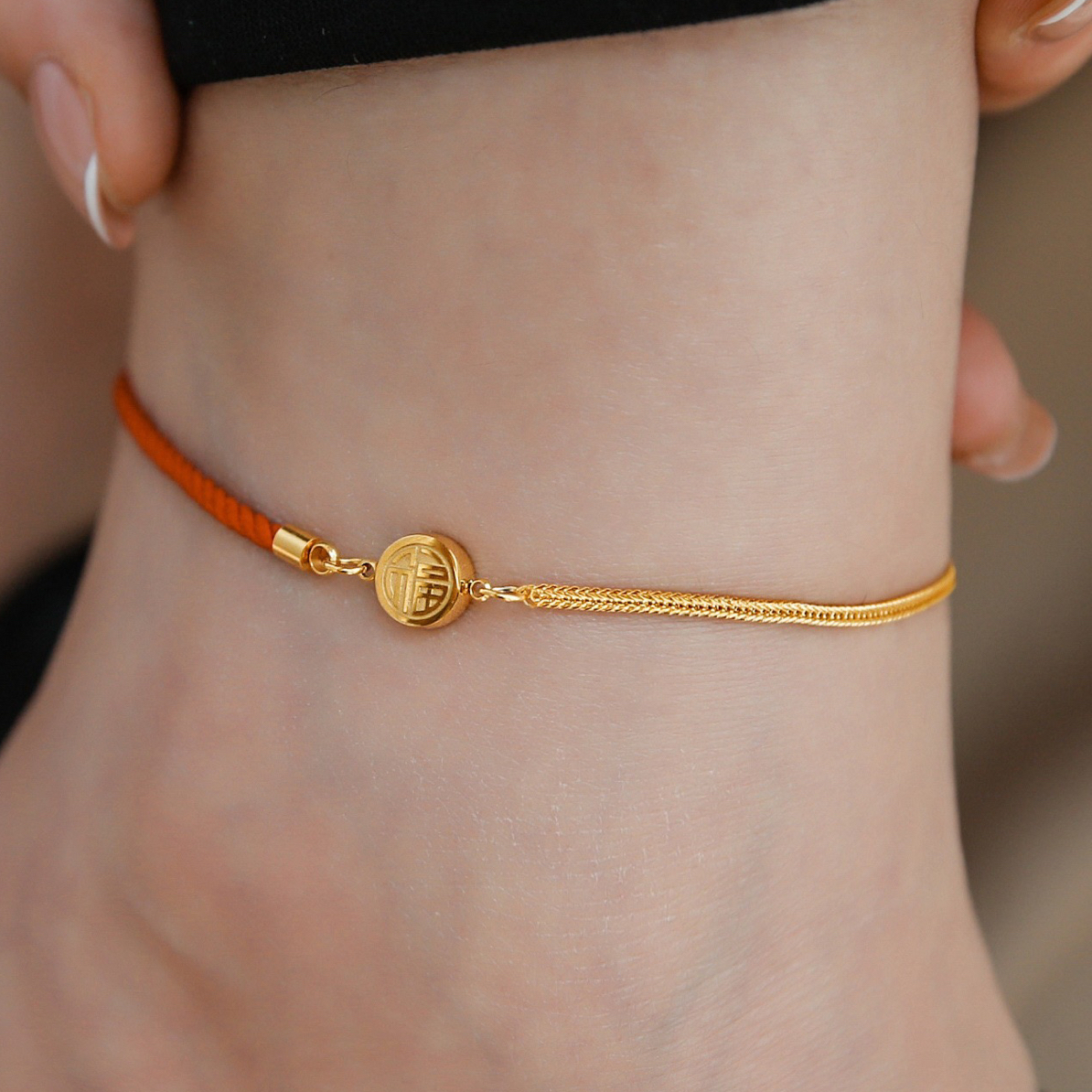 钛钢脚链 幸运双面立体小福牌红绳脚链女新款潮小众C150