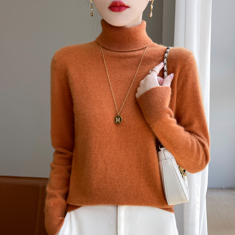  柔软*舒适高翻领100%羊毛衫女士套头宽松时尚打底衫 2024秋冬款