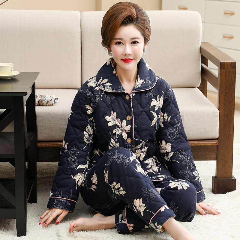 睡衣秋冬款女三层夹棉加厚纯棉中年妈妈40-50-60岁冬天女款家居服