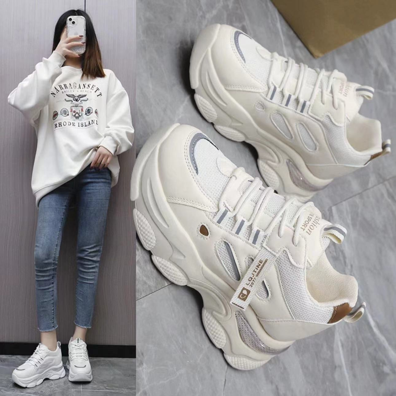 2024年早秋新款内增高小白鞋透气休闲鞋时尚运动鞋厚底老爹鞋女