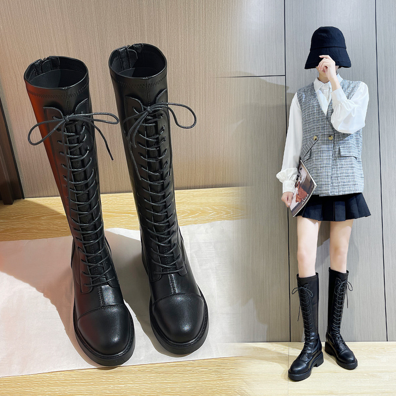红蜻蜓牌小个子内增高真皮骑士靴女2023秋冬新款百搭长筒靴厚底不