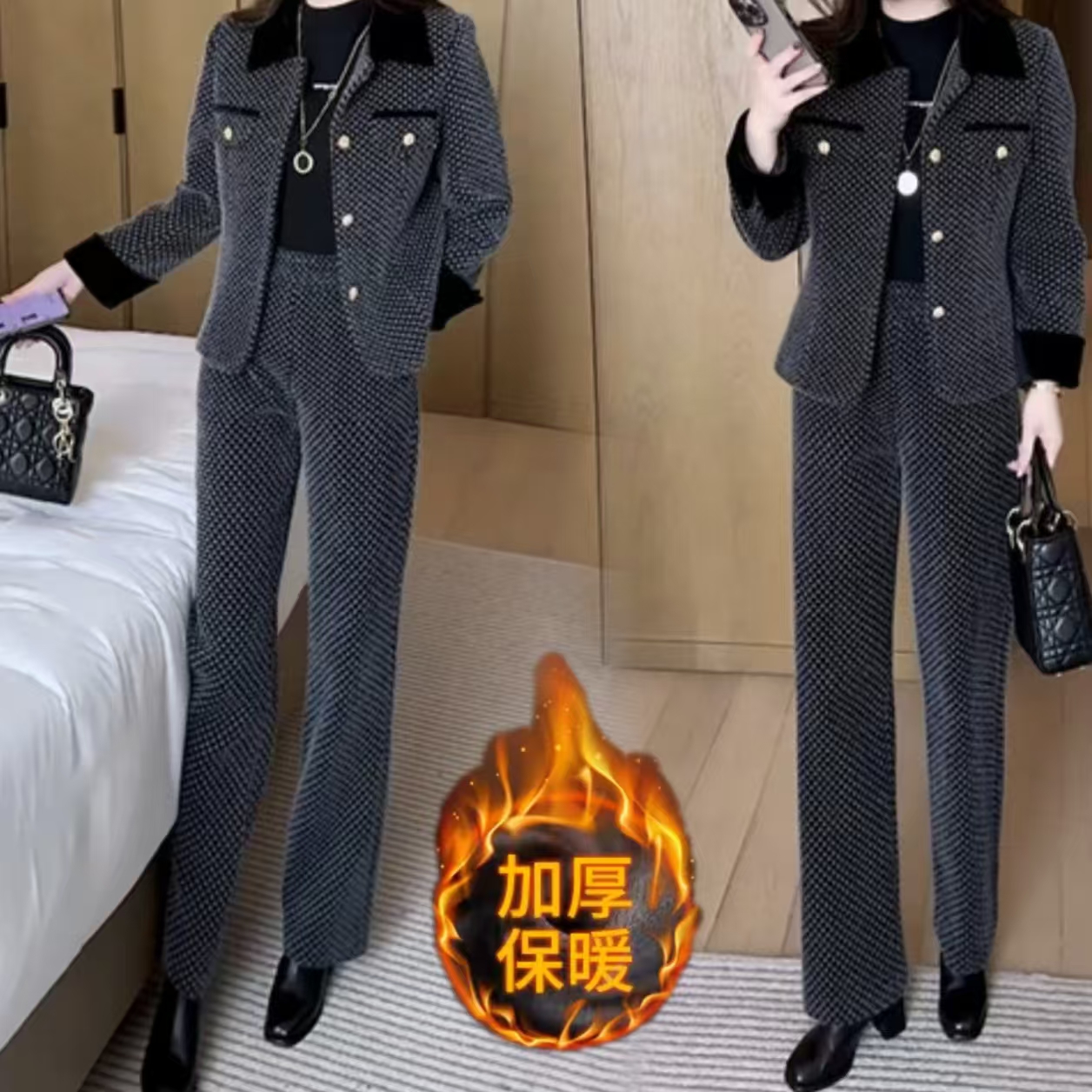 【衣雅严选】8102-1188新款加厚保暖金貂混纺小香风上衣+裤子套装