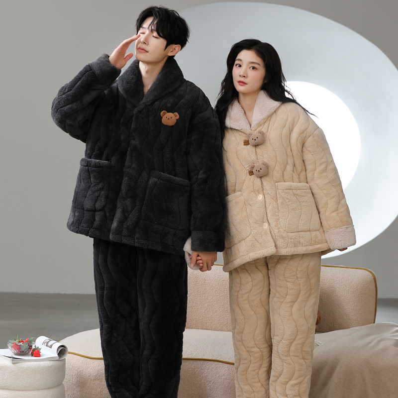 情侣睡衣女冬季加厚加绒珊瑚绒男士三层夹棉高颜值冬款家居服套装