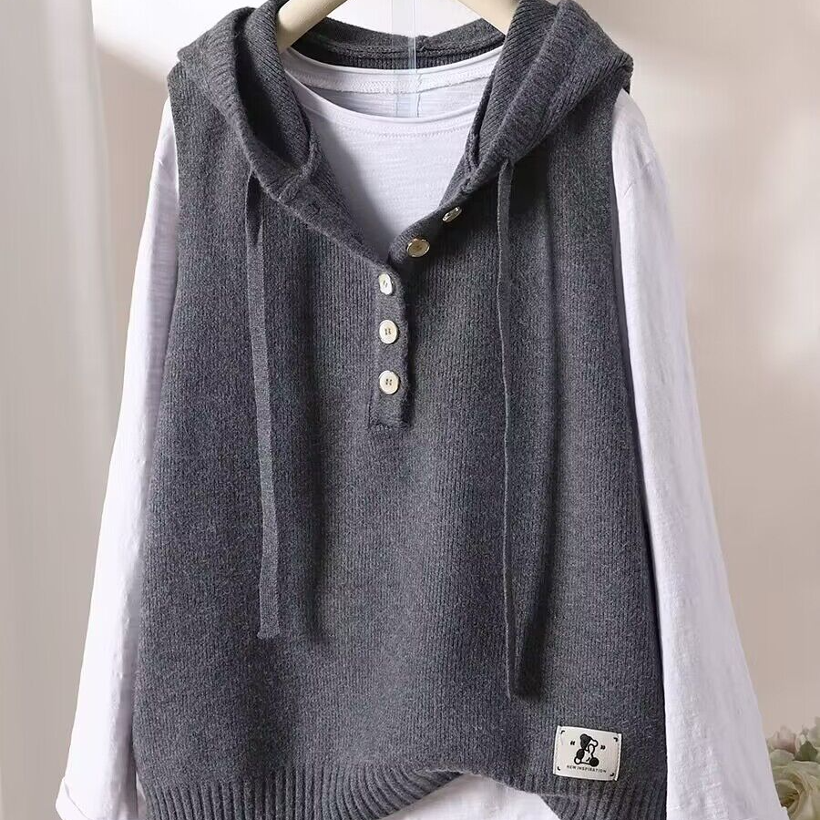 套头时尚休闲马夹马甲秋冬百搭针织带帽无袖秋季气质宽松灰色纯色