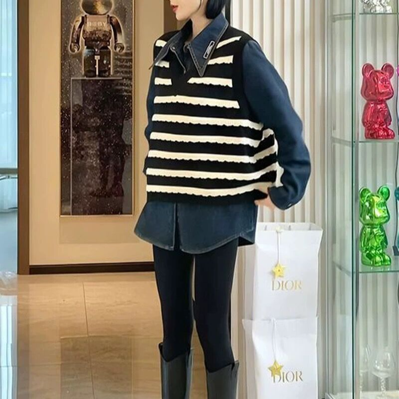 女士简约宽松条纹圆领韩版秋冬套头上衣马甲针织时尚休闲百搭气质