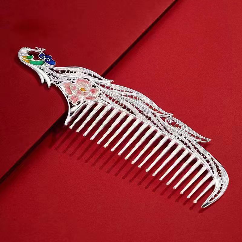 足银银制品 彩色凤凰梳子手工百搭复古镀银梳子中式民族风素款