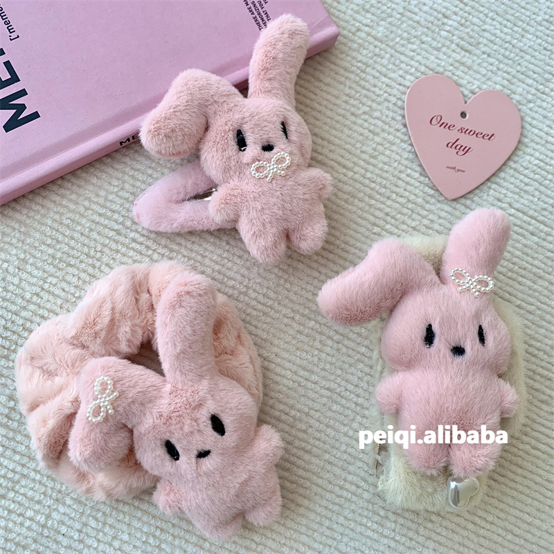 可爱呆萌卡通粉兔兔bb夹刘海发夹方形大号毛绒抓夹少女心大肠发圈