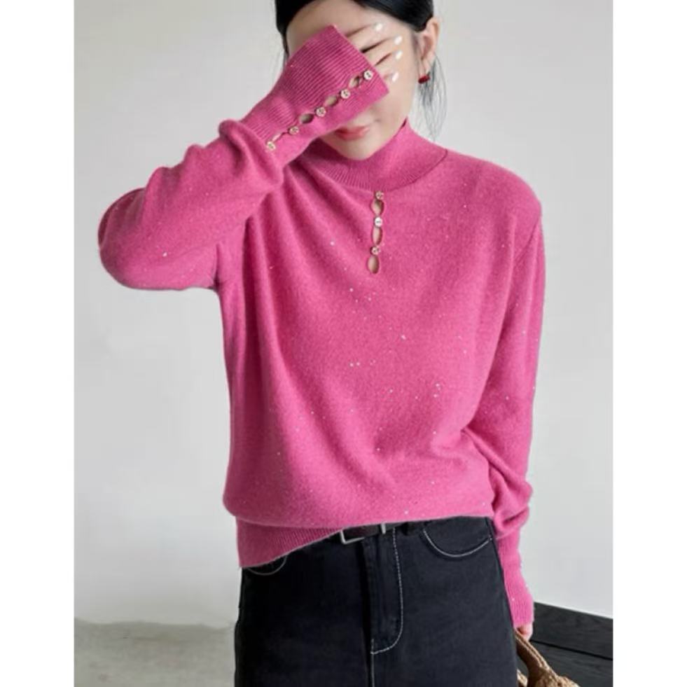 【蜜熊打底玫粉】女士时尚纯色女保暖秋冬针织衫打底