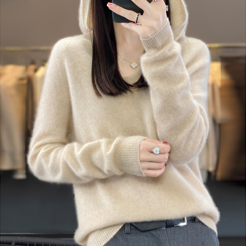 一线成衣100纯羊毛帽衫女V领套头宽松休闲连帽卫衣秋冬纯色打底衫