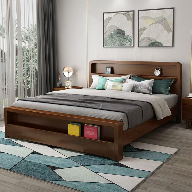 实木床榫卯结构现代简约北欧胡桃色单双人床主卧婚床经济型储物床