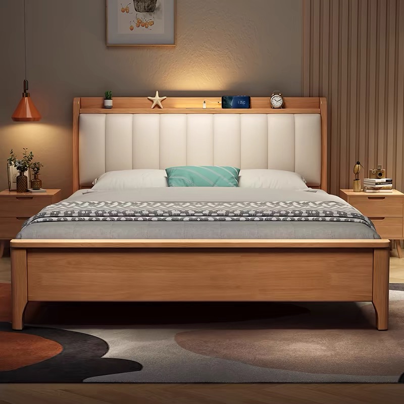 全实木榫卯结构现代简约实木床1.8主卧双人储物床1.5家用软靠婚床