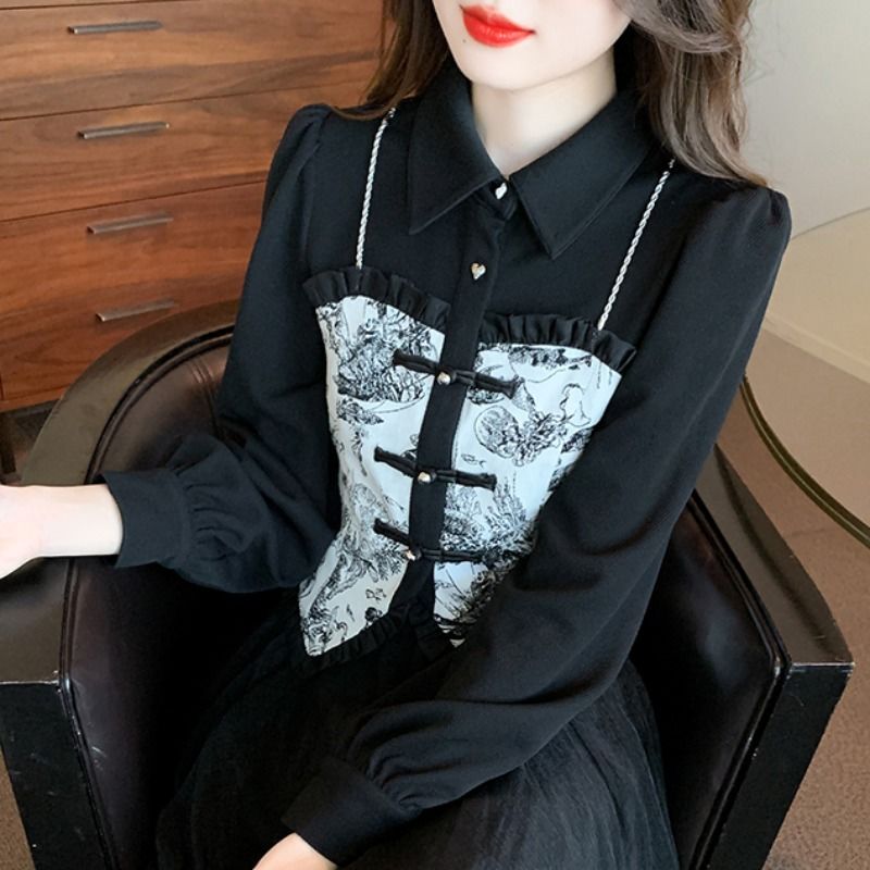 假两件衬衫早秋新款女装2023新中式短款洋气卡腰小衫长袖秋季上衣
