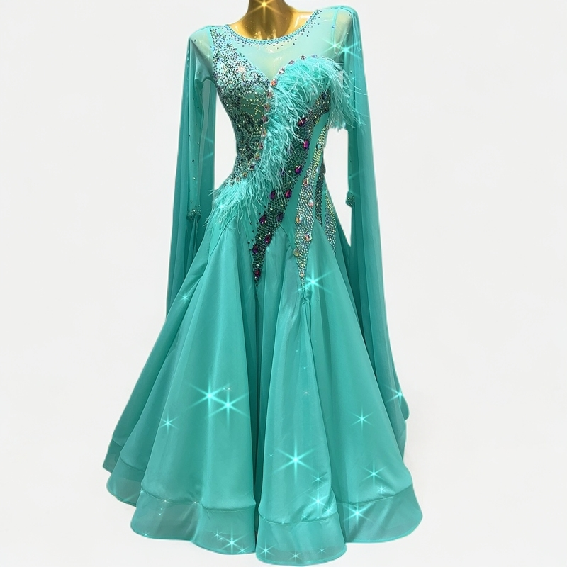 舞依阁新款仿真丝面料摩登舞裙国标舞裙表演赛服交谊舞裙高档定制