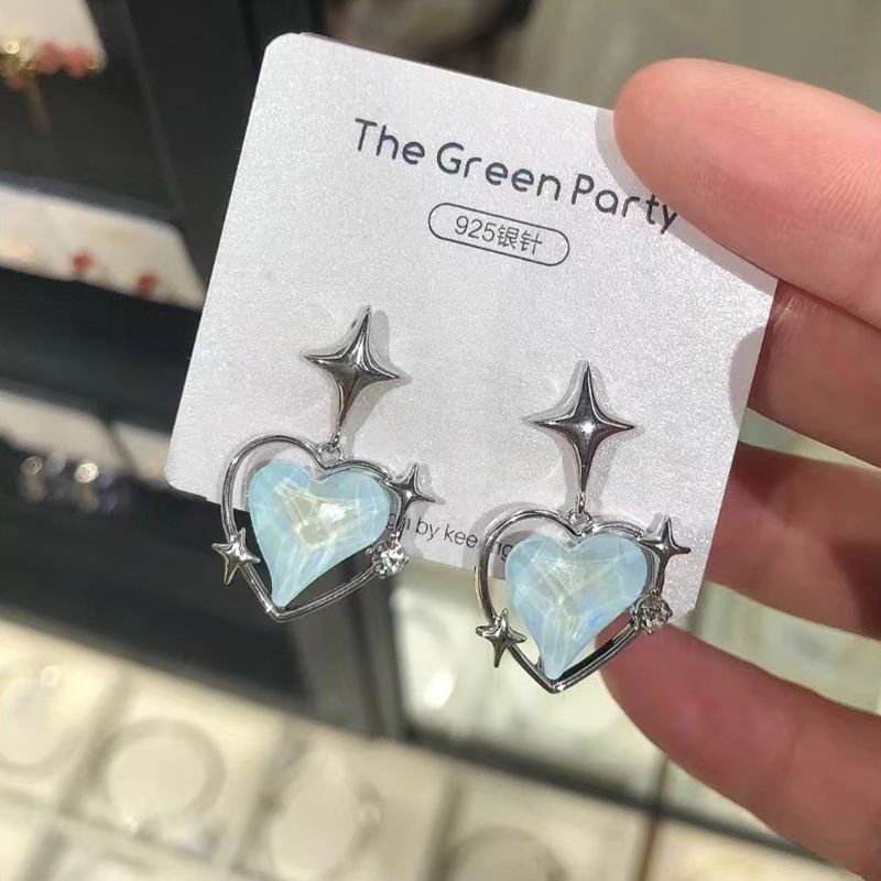 韩国小众设计高级感星芒爱心耳钉女霁青色多切面轻奢微闪百搭耳环