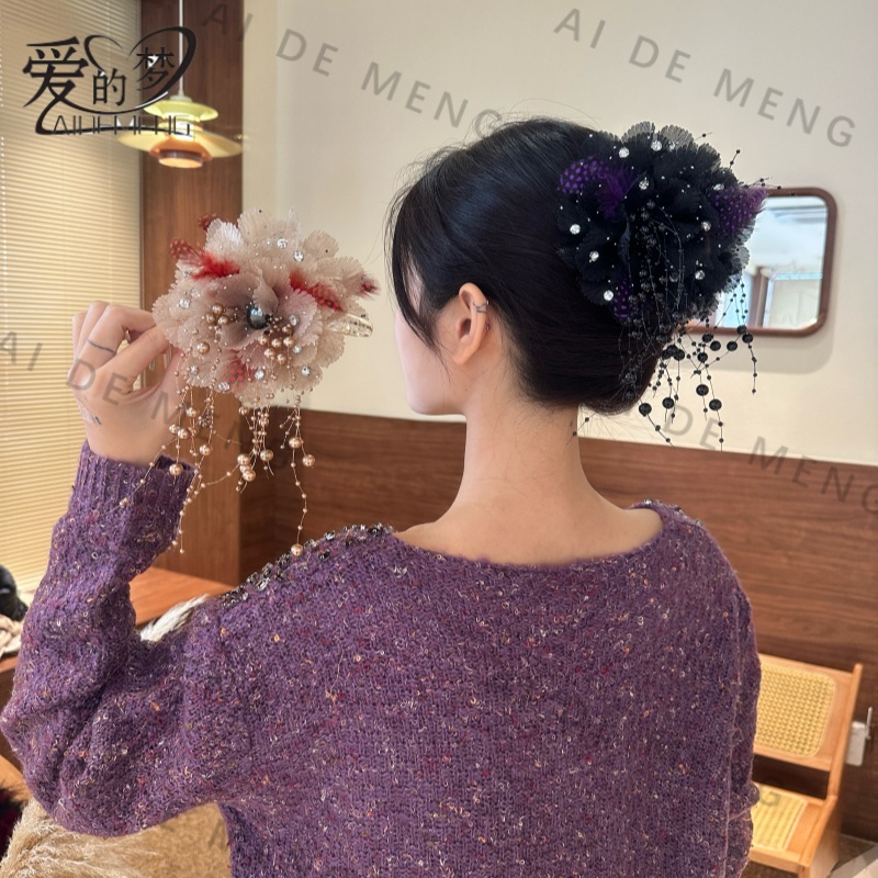 爱的梦【买一送一】奢香夫人新款珠珠羽毛鲨鱼夹高级感百搭发夹抓夹