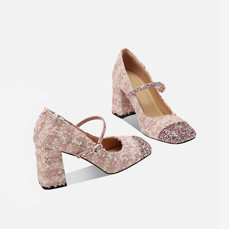 浅口小香风粗跟单鞋2025春时尚软底方头拼色一字带真皮走秀高跟鞋