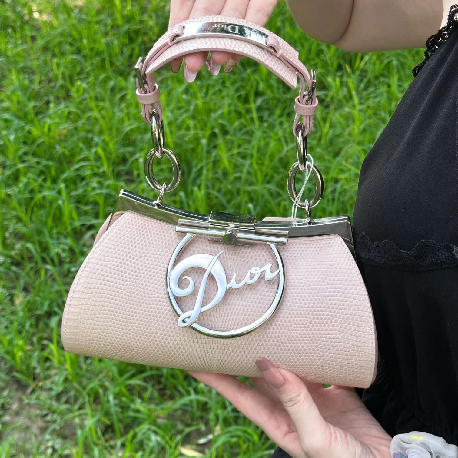 95新 DIOR/迪奥 甄珍 Dior海盗船长粉银蜥蜴皮手提包 56138