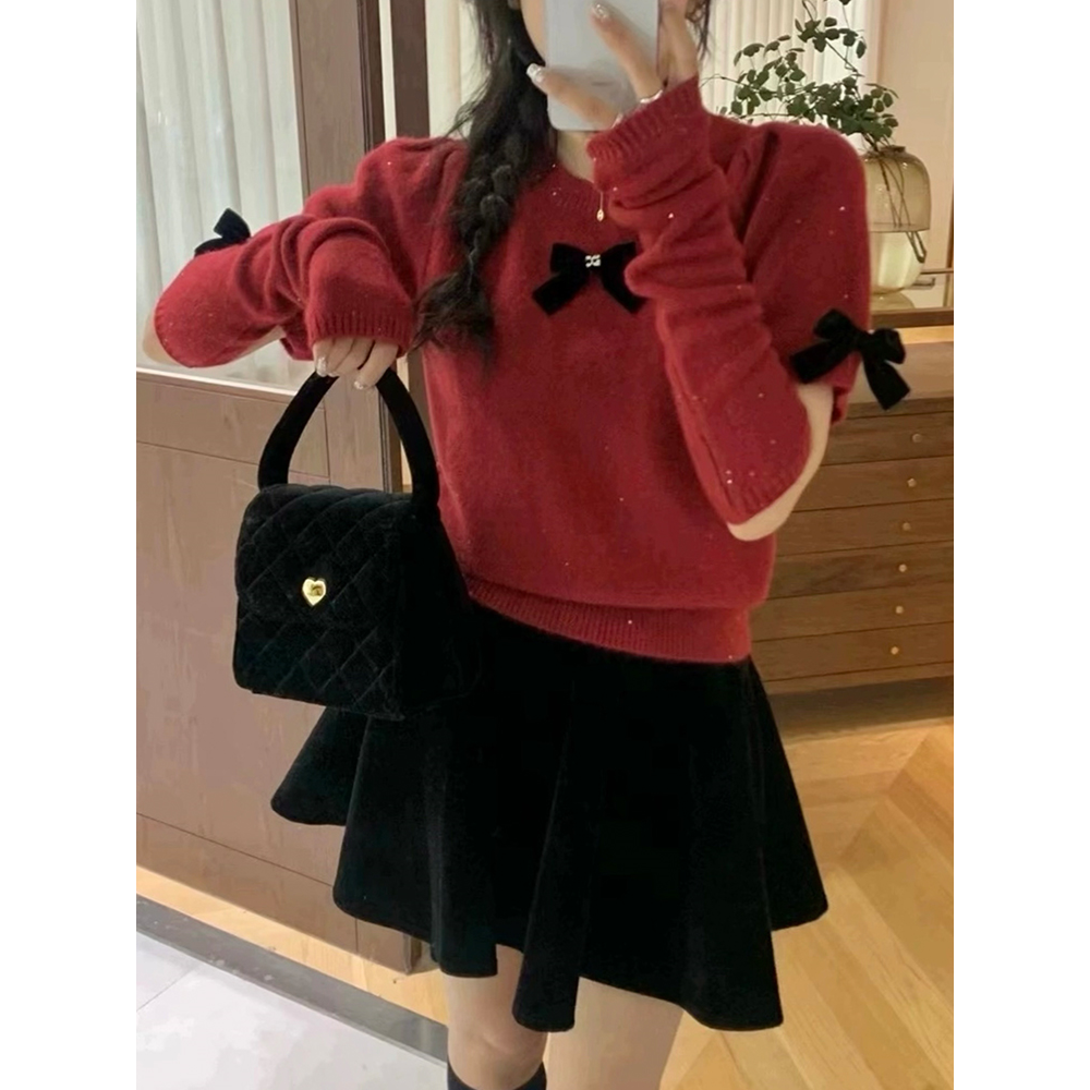 好看的针织衫圣诞节红色毛衣女款2023新款秋冬季断袖针织衫上衣