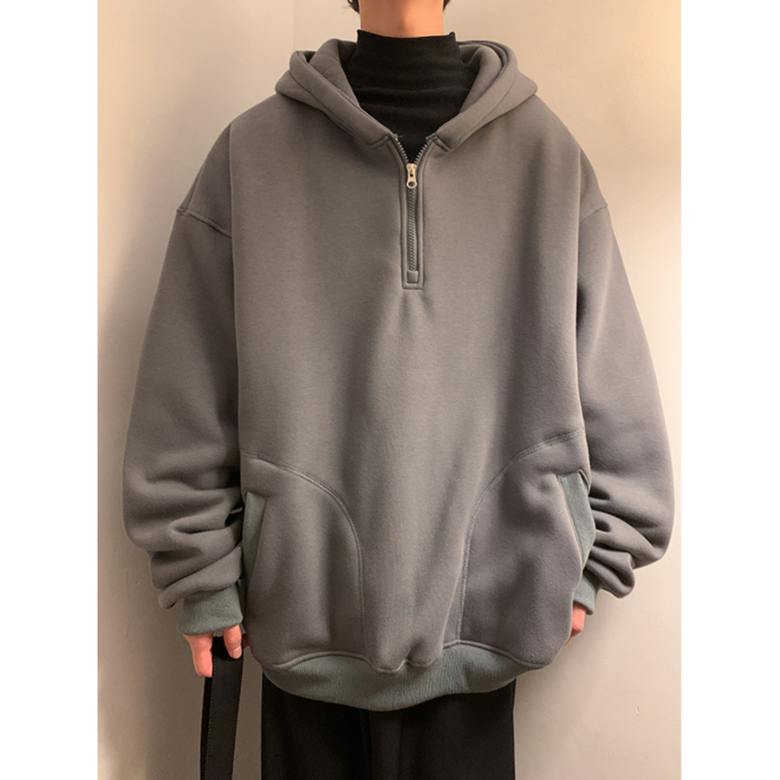 KONIU半拉链连帽卫衣男潮牌ins加绒加厚外套重磅美式宽松情侣衣服