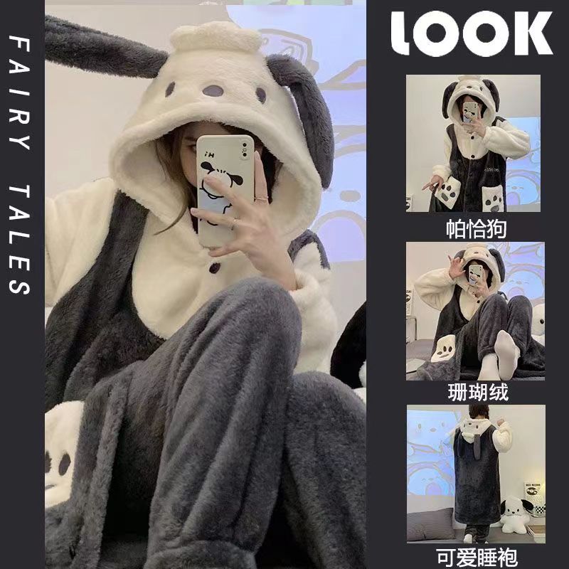 新品上市冬季睡衣女珊瑚绒加绒加厚可爱大眼仔睡袍长款家居服套装