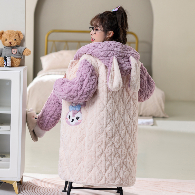 珊瑚绒三层夹棉睡衣女秋冬季加绒加厚连帽睡袍可爱浴袍家居服冬天