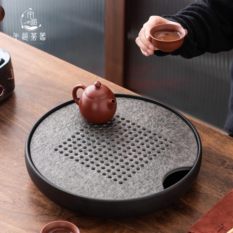 乌金石干泡盘家用新中式沥水圆形陶瓷功夫茶具托盘简约蓄水小茶台