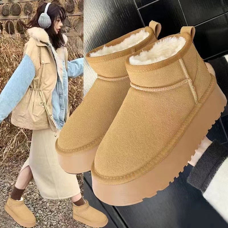 百丽纯爱短筒雪地靴女秋冬新款厚底增高小个子外穿保暖棉鞋防滑加