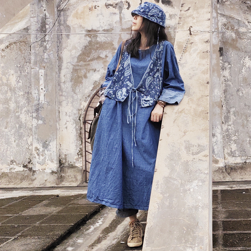 宽松牛仔印花国风复古文艺加长套头蓝色拼接撞色手线绣气质连衣裙