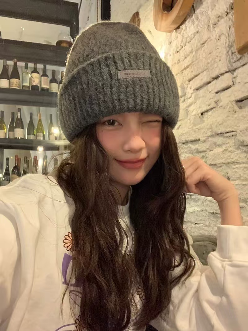 大头围含羊毛毛线帽女秋冬宽松版护耳保暖灰色针织帽显脸小冷帽潮