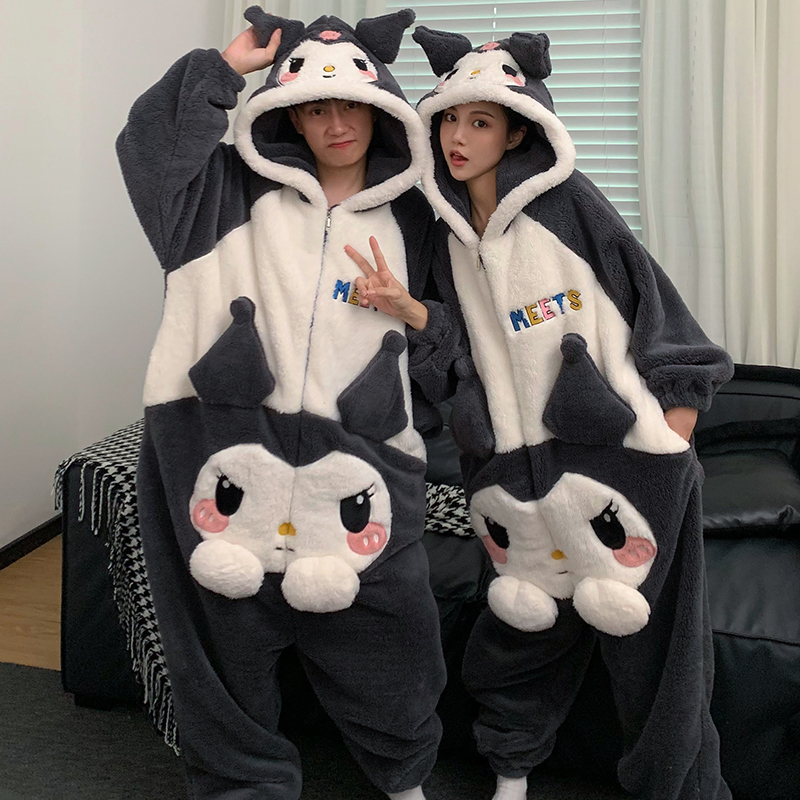 库洛米连体情侣睡衣女冬季珊瑚绒可爱保暖连帽加绒加厚家居服男款