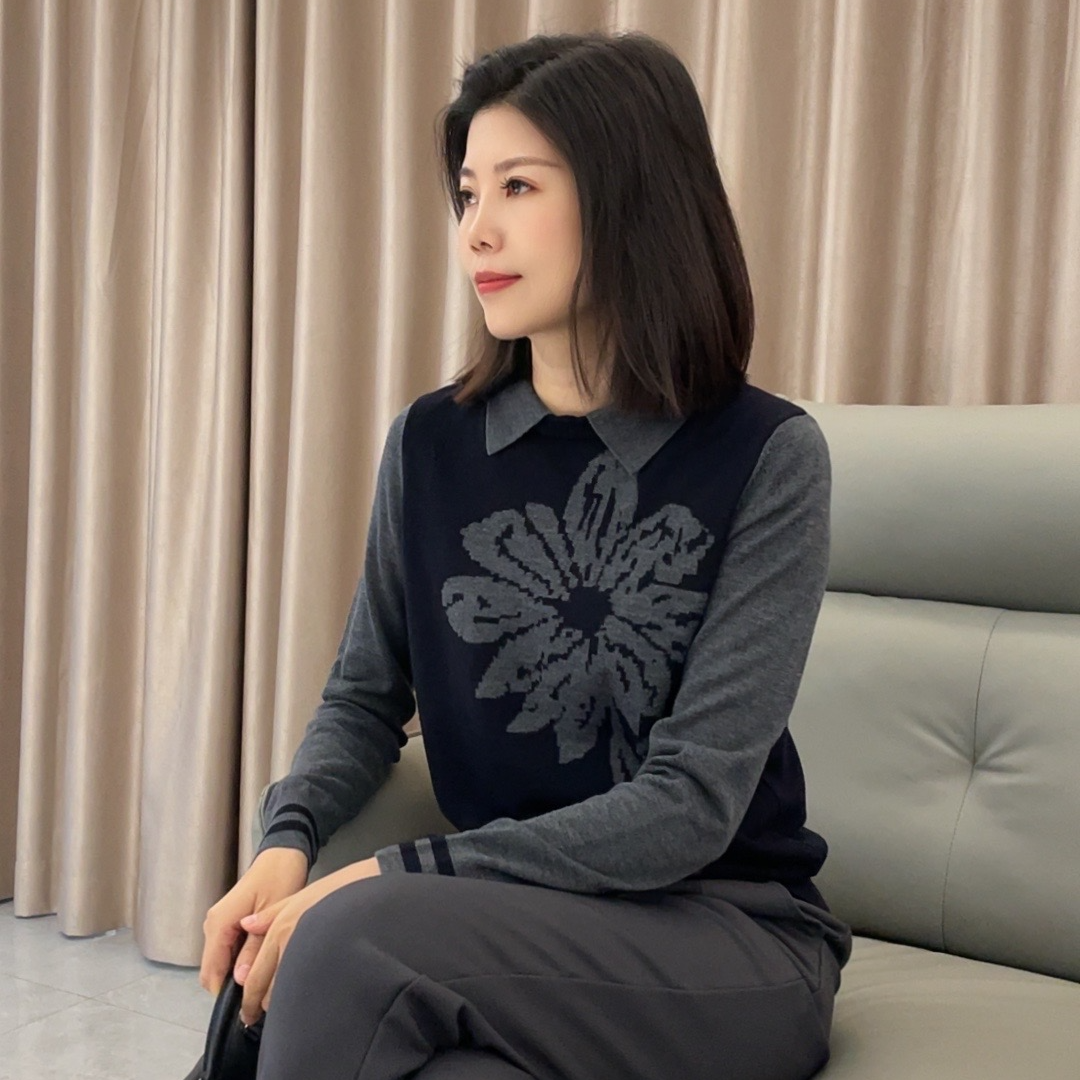 JY25秋冬时尚休闲翻领假两件套上衣头绣花针织毛衣