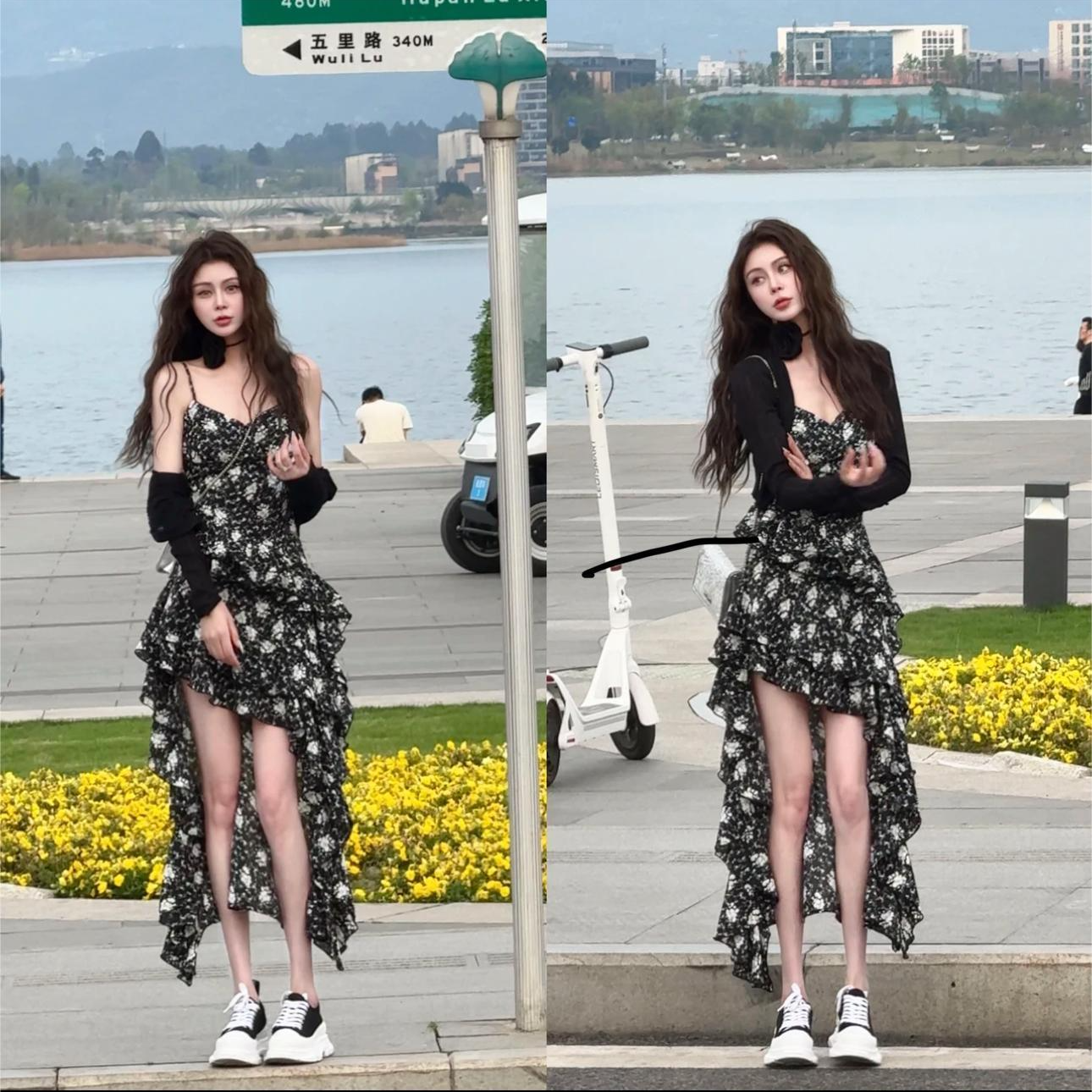 法式不规则黑茶花碎花吊带连衣裙开衫名媛风时尚气质套装